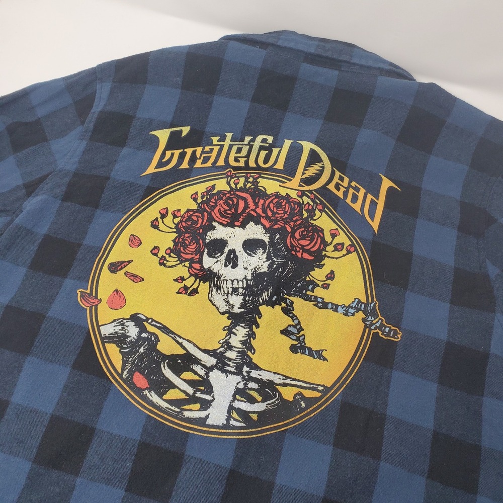 Grateful Dead Womens Flannel Shirt L Blue Black Skull Roses Cotton